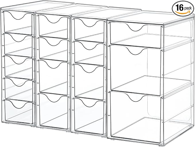 Vtopmart 4 Set Acrylic Desk Organizer with 16 Drawers for Office, Makeup | Clear Storage Drawers for Office Supplies, Desktop Organization for Makeup, Jewelry, Art Crafts, Bead, Pen, Stationary