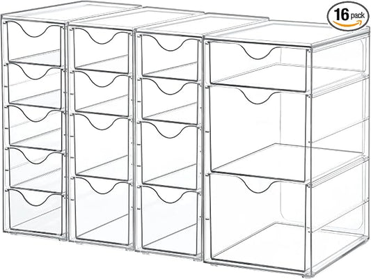 Vtopmart 4 Set Acrylic Desk Organizer with 16 Drawers for Office, Makeup | Clear Storage Drawers for Office Supplies, Desktop Organization for Makeup, Jewelry, Art Crafts, Bead, Pen, Stationary