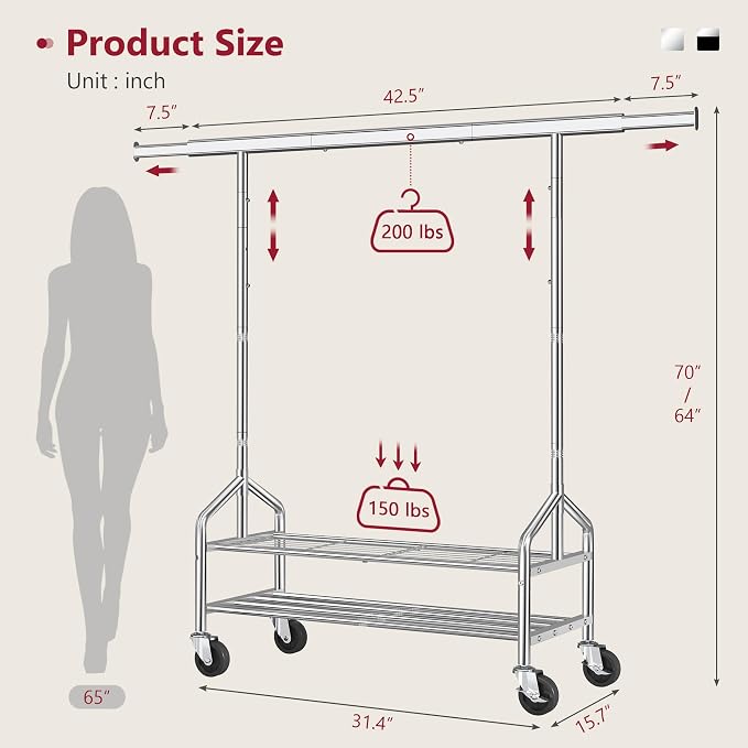 Clothes Rack with 2 Shelves, Heavy Duty Load 350 LBS, Chrome | Rolling Clothing Rack, Adjustable Length and Height, Garment Rack with Wheels for Bedroom, Student Dormitory and Laundry Room
