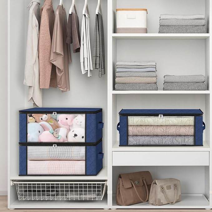 HomeHacks 10-Pack Clothes Organizer Storage Bags, 35L Storage Bins, Blue | Foldable Storage Box Container with Zippers, Clear Window, Reinforced Handles for Closet, Dorm, Pillows, Bedding, Sweater