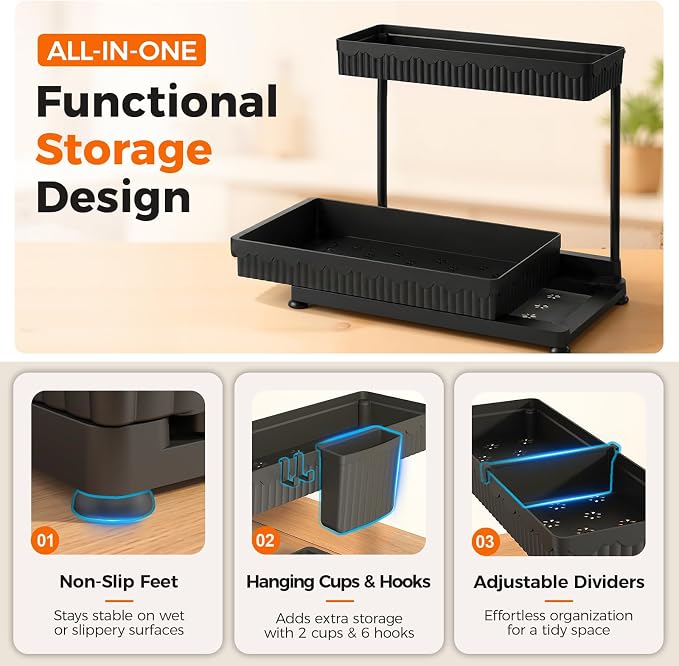 Sevenblue 3 Pack Multi-Purpose Pull-Out Storage Organizers, 2-Tier L-Shaped Under Sink/Cabinet Organizers and Storage for Bathroom & Kitchen, (Black, 12.85 Inches) | Multi-use kitchen & bathroom storage, 12.85 inch black cabinet organizer, space-saving...