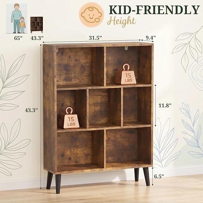 7 Cube Storage Organizer Shelf，Open Cube Bookshelf with Legs | 3 Tier, Mid-Century, Heavy Duty, Modern Bookcase, Display Shelf, Living Room, Bedroom, Office, Deep Brown