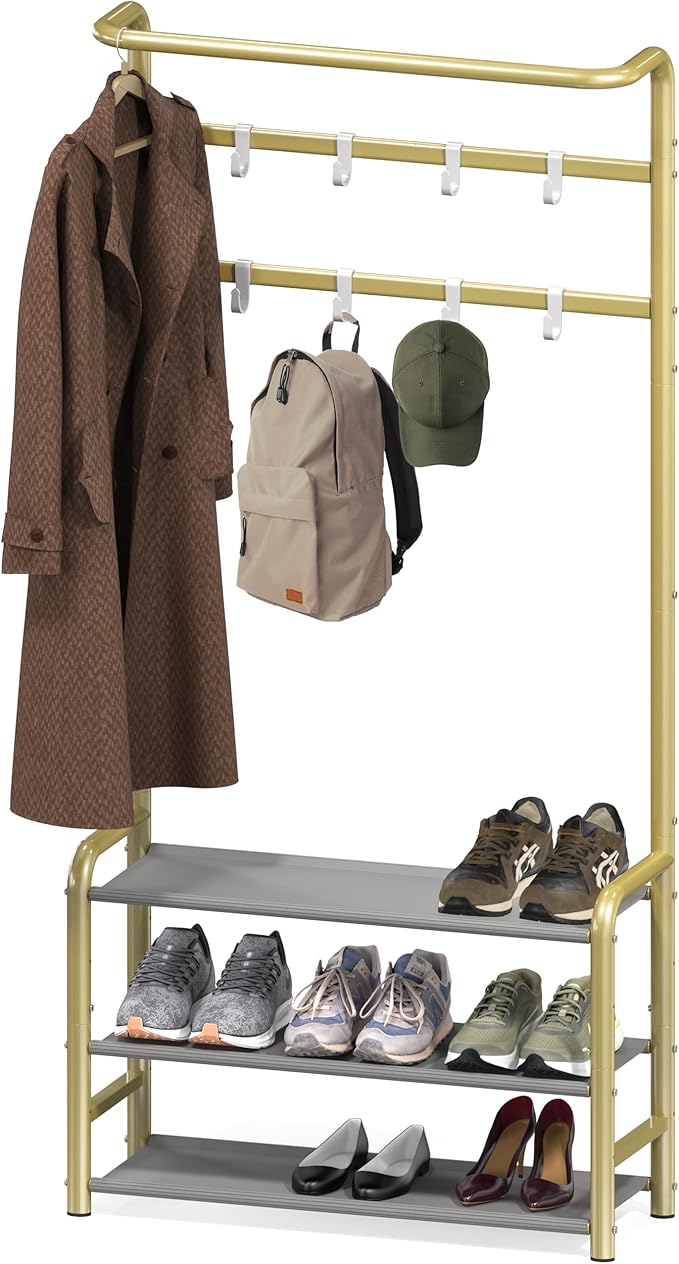 Simple Houseware Coat Rack with Shelf, Hall Tree with Hooks, Champagne Gold | For Entryway, Bedroom, Office, Champagne Gold Metal Clothes Hanger Stand for Coats, Hats, Jackets, Bags