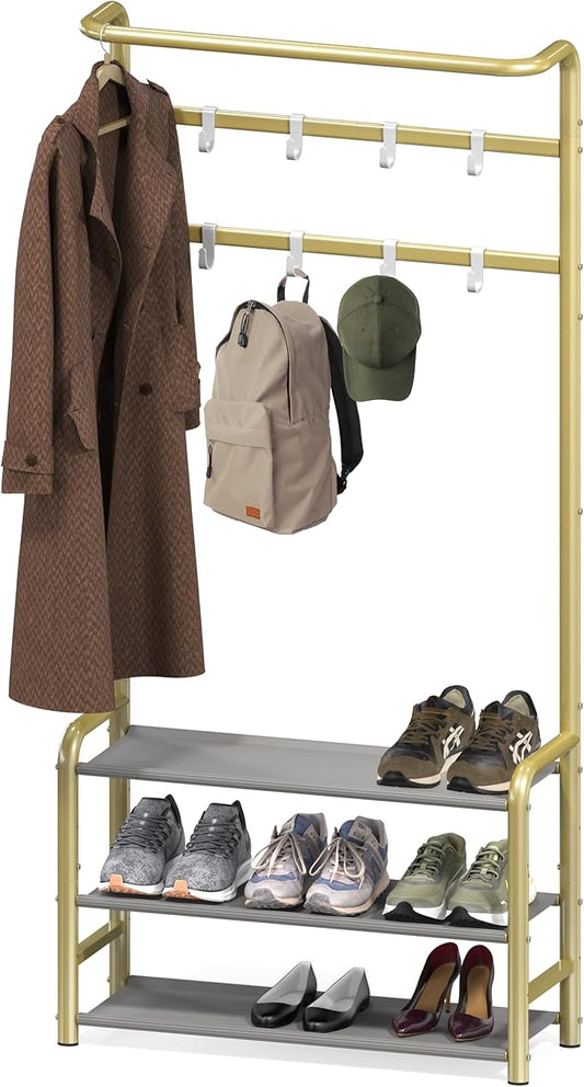 Simple Houseware Coat Rack with Shelf, Hall Tree with Hooks, Champagne Gold | For Entryway, Bedroom, Office, Champagne Gold Metal Clothes Hanger Stand for Coats, Hats, Jackets, Bags