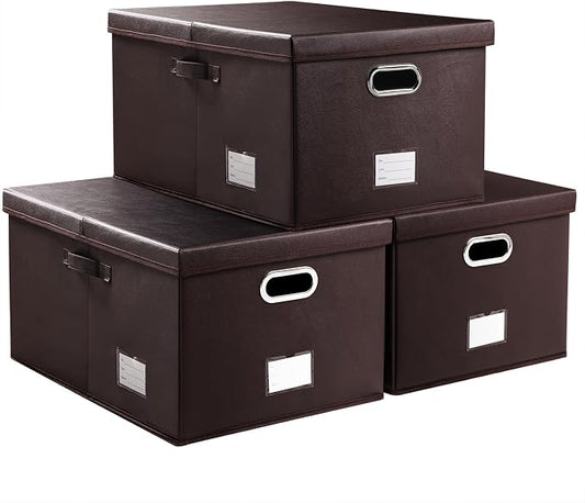 PRANDOM Collapsible Storage Box with Lid [3-Pack] Leather Fabric Foldable Storage Bin Organizer Container Basket Cube with Cover for Home Bedroom Closet Office Nursery Brown(22.8X15.7X11.8)