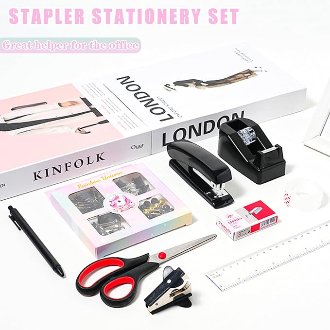 COMFYROOM Black Desk Accessories with Pen Holder, Office Supplies Desk Organizers and Accessories, Tape Dispenser, Stapler, Staple Remover, Staples, Clips Set, Ruler, Scissor, Pen, Tape (Black)