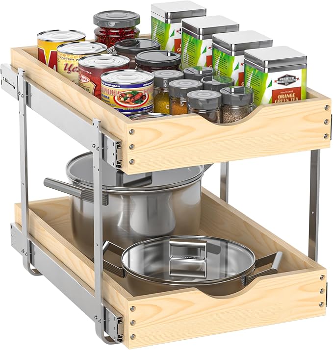 21" Deep 2-Tier Pull Out Cabinet Organizer - Wood Pull Out Drawers | Slide Out Shelves, Full-Extension, Ball-Bearing Slides, 3 Adjustable Heights (2-Tier, 14''W X 21''D Overall)