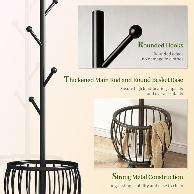 Coat Rack Freestanding Coat Stand with Basket 6 Hooks Wheels,Black | Metal Coat Rack Stand Coat Tree for Home Entryway Bedroom Living Room Office Corner Modern Organizer for Scarf Jacket Hat Bag