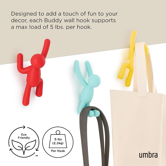Umbra Buddy Wall Hooks – Decorative Wall Mounted Coat Hooks for Hanging Coats, Scarves, Bags, Purses, Backpacks, Towels and More, Set of 3, Red/Blue/Yellow