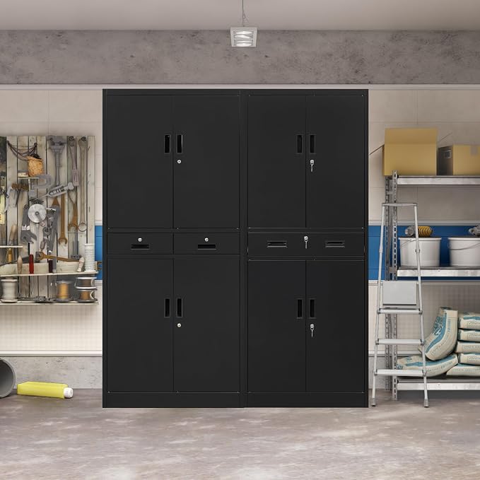 CJF 71" H Tall Metal Storage Cabinet with Drawer, Locking Garage Cabinet with 2 Adjustable Shelves, Heavy-Duty Tool File Storage Cabinets for Home Office, Kitchen, Warehouse, Shop (Black)