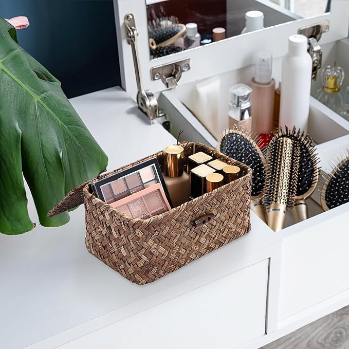 Hipiwe Handwoven Wicker Basket with Lid Small Desktop Seagrass Organizer | Decorative Basekt Boxes Bin for Remote Control Keys Candy, Coffee Color 7.0"L x 4.3"W x 3.3"H