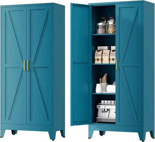 Farmhouse Pantry Cabinet with Barn Doors,61" H x 27.5" W,Metal Cabinet with Adjustable Shelves,4-Tier Storage Cabinet for Kitchen Dining Room Garage,Blue 1 Pack