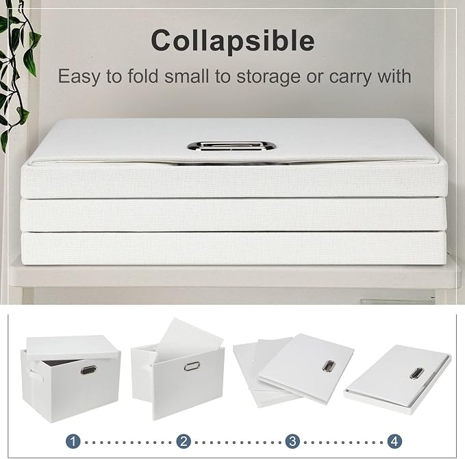 Storage Bins with Lids Fabric Closet Organizers Cubes Office Organization | 36 Quart 3 Pack White Collapsible Stackable Linen Fabric 4 Handles Bedroom Closet Cabinet Under Bed Clothes Toy Office File