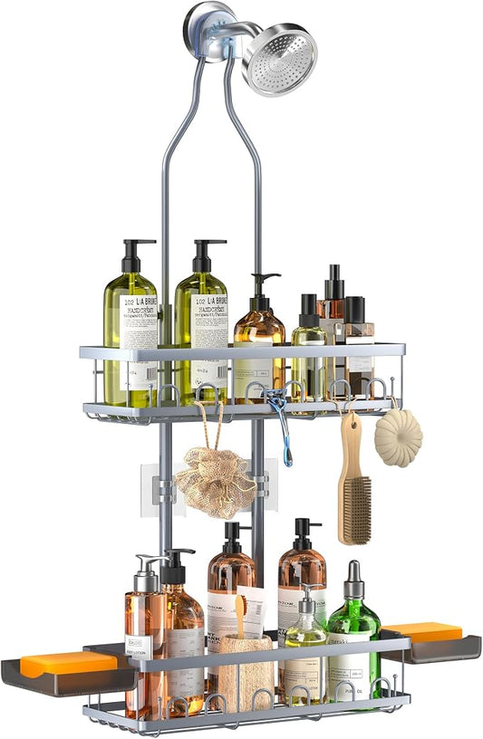 Skyapex Shower Caddy Hanging: Adjustable Height Organizer for Over Showerhead - Rustproof Shower Shelves with Hooks & 2 Soap Holders