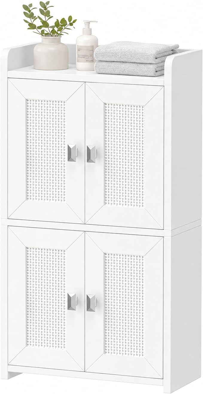 Akxomel 15" Rattan Small Bathroom Cabinet 4 Doors Adjustable Shelf White | Bathroom Organizer and Storage, Toilet Paper Floor Cabinet for Small Space