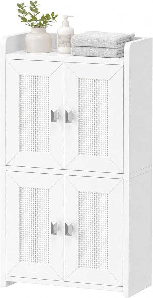 Akxomel 15" Rattan Small Bathroom Cabinet 4 Doors Adjustable Shelf White | Bathroom Organizer and Storage, Toilet Paper Floor Cabinet for Small Space