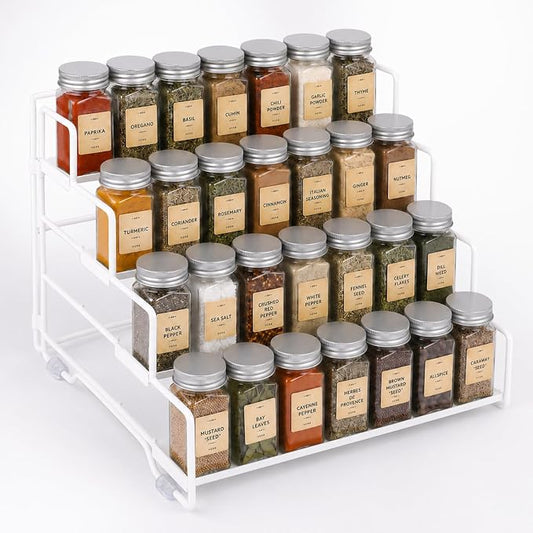 4 Tier Adjustable Spice Rack Organizer for Cabinet & Countertop | Adjustable-Depth Shelves, Tiered Visible Display, Raised Edge Guard, Vertical Space Saver, Metal Construction, White