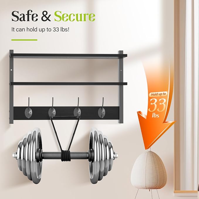 2 Tier Coat Rack Wall Mount with Shelf, 33" Wall Shelf with Hooks, Entryway Key Holder for Wall with 8 Heavy Duty Double Hooks, Coat Hook Wall Mounted for Bedroom, Living Room, Black