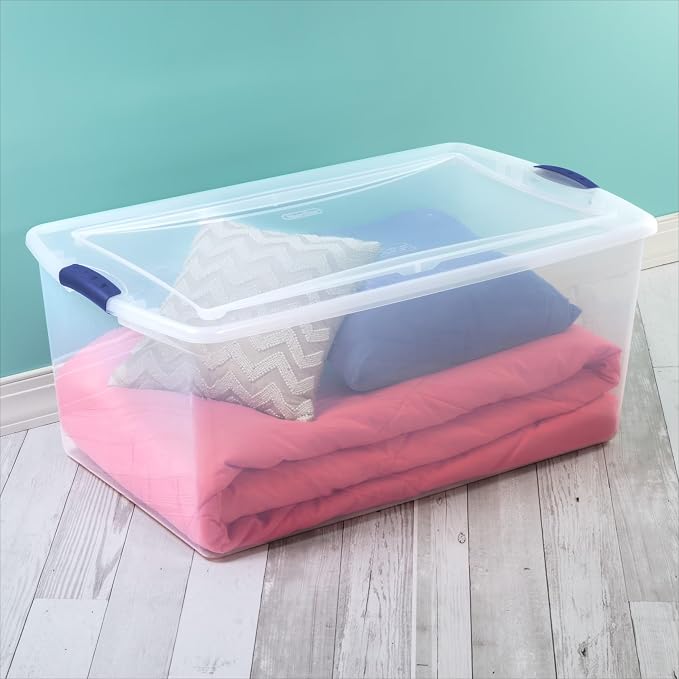 105 Quart Clear Plastic Latching Storage Bin with Latch Lid, Blue | Stackable Design, Secure Color Latches, 32x19x14 cm External, Seasonal & Gear Storage, Compatible with 66-Qt Lid