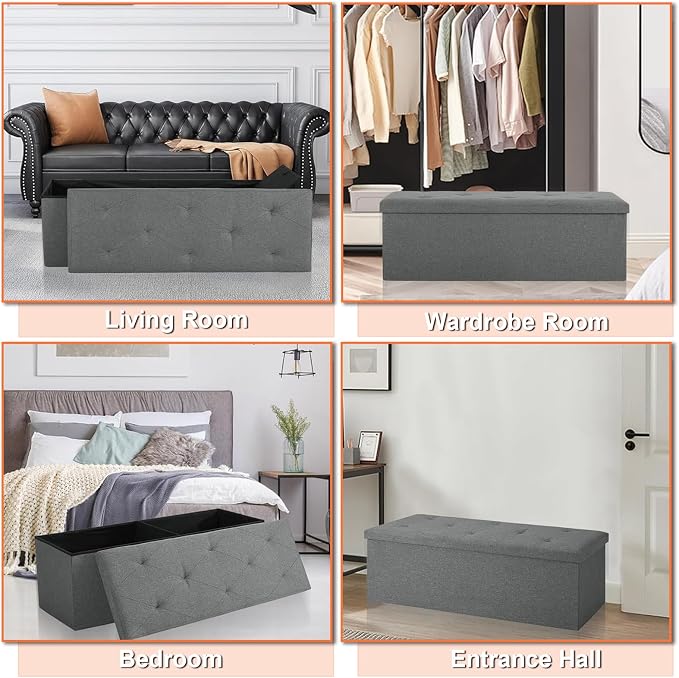 43 inch Storage Ottoman Bench, Folding Storage Bench Ottoman, for Bedroom, Living Room, and Utility Room, Grey (43.3'' W)