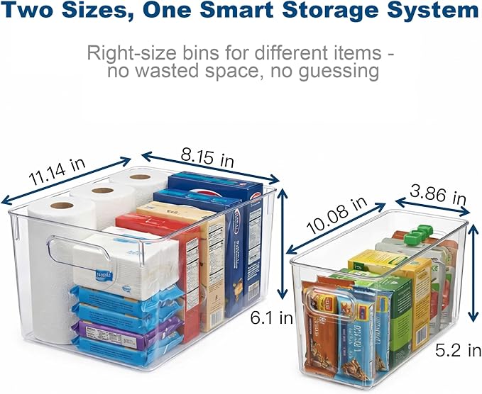 MOONEDGE 4 Pack Clear Plastic Organizer Bins, 2 Large & 2 Small Storage Set | Storage Bins for Pantry, Space-Saving Organizer Containers for Cabinets, Under-Sink, Bathroom, Kitchen, Freezer, Home Storage