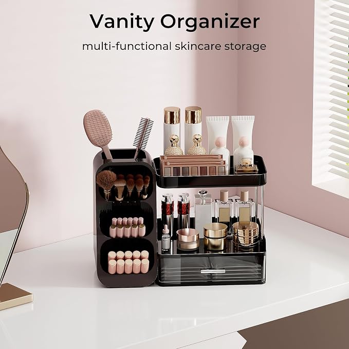 UFORU Makeup Organizer Countertop with Brush Holder for Vanity Bathroom | 3 Tiers Design, Large Capacity, Thickened Plastic, Detachable Brush Holder, Clear Drawer, Quick Access, Space-Saving