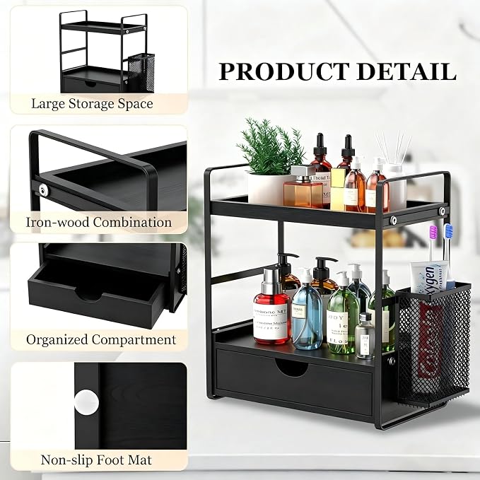 Bathroom Counter Organizer with Basket, Bathroom Organizers and Storage,Skincare Organizers for Vanity,Storage Organizers for Bathroom, Kitchen, Dresser (Black with Drawer)