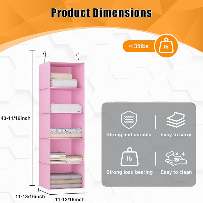 Hanging Closet Organizer 5-Shelf, Oxford Fabric Wardrobe Storage, Pink | Easy-mount foldable design holds clothes, handbags, shoes & accessories; washable Oxford fabric, sturdy and space-saving.