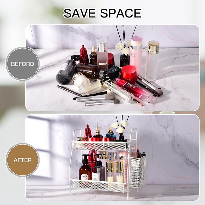 Countertop organizer for bathroom counter, bathroom organizers and storage, spice rack organizer for kitchen counter shelf with small basket(White)