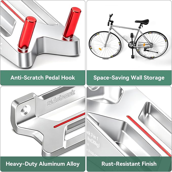 Bike Wall Mount for Garage, Pedal Hook with 2 Wheel Trays