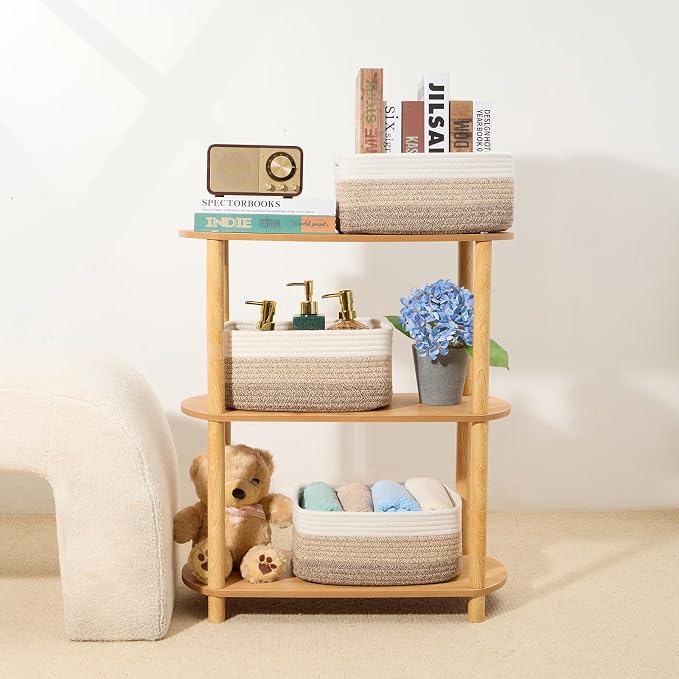 MiniArk Small Storage Baskets for Organizing | Closet Organizer Bins | Shelf Toy Basket | Woven Rope Baskets | Cube Decorative Box | Shallow Basket | 13x8.5x5.1” | 3 Packs Gradient Brown