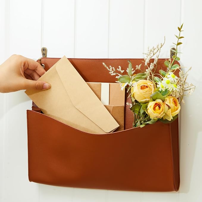 2 Set PU Leather Mail Holder Wall Mount 12.2x10.24 Inch Leather Letter Holder 2 Ring Binder Hanging Wall File Organizer Mail Sorter for Decor Storage Letter Postcard Flower Home Office(Brown)