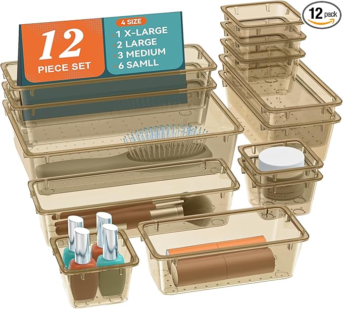 12 PCS Drawer Organizer Set, Makeup Organizers, Champagne | 4 Sizes, Plastic, Stackable, Multiple Gadgets, Desk Drawer Divider Organizers, for Makeup, Office Supplies Storage