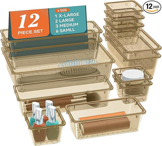 12 PCS Drawer Organizer Set, Makeup Organizers, Champagne | 4 Sizes, Plastic, Stackable, Multiple Gadgets, Desk Drawer Divider Organizers, for Makeup, Office Supplies Storage