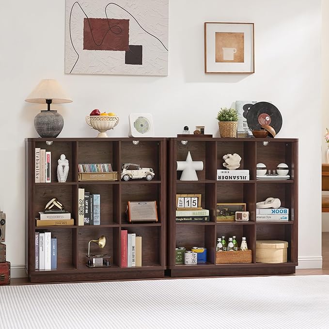 Joaxswe 9 Cube Bookshelf, 40.5" Wide Organizer Bookcase with Curved Edge, Wood Floor Standing 3-Tier Cubby Book Shelf with Base, Vintage Display Storage Cabinet for Living Room, Home Office, Walnut