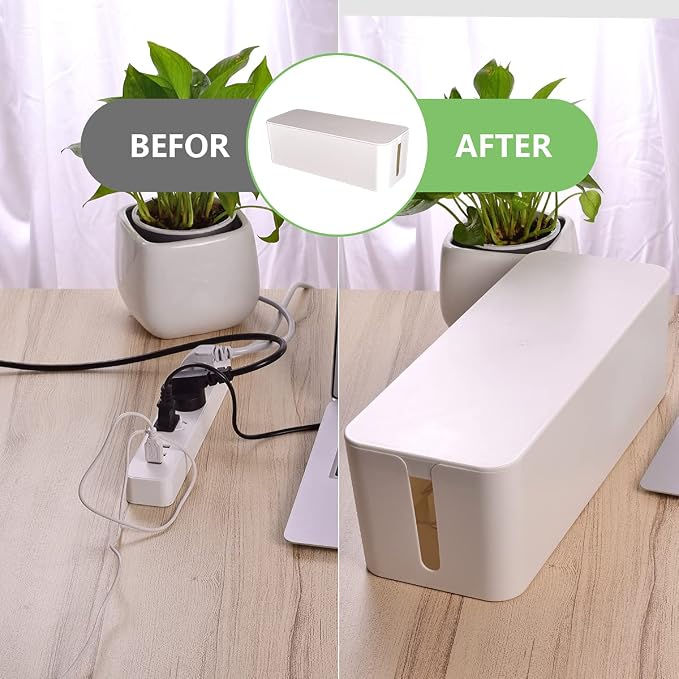 Cable Management Box, Large Cord Organizer Box to Hide Power Strip & Under Desk,TV Computer Wires Cable Organizer Hider Box with Cable Clips&Reusable Cable Ties for Home/Office(White)