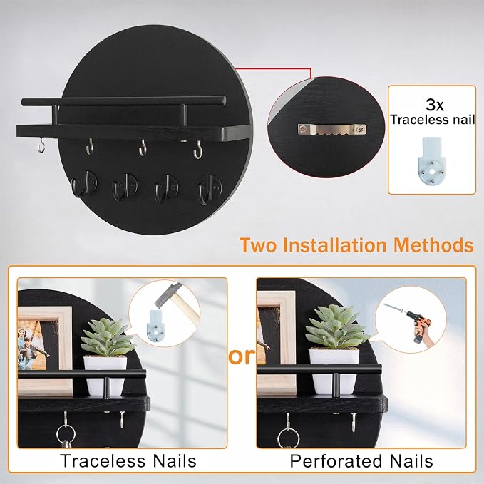 dreampossible Key Holder Wall Mount - 10.2 Inch Decorative Key Rack and Mail Organizer with 8 Key Hooks - Wooden Key Hanger with Shelf for Wall and Home Decor