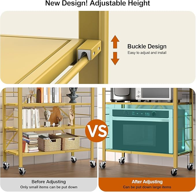 Himix 6-Tier Foldable Storage Shelves Expandable Shelf Wheels Gold 2-in-1