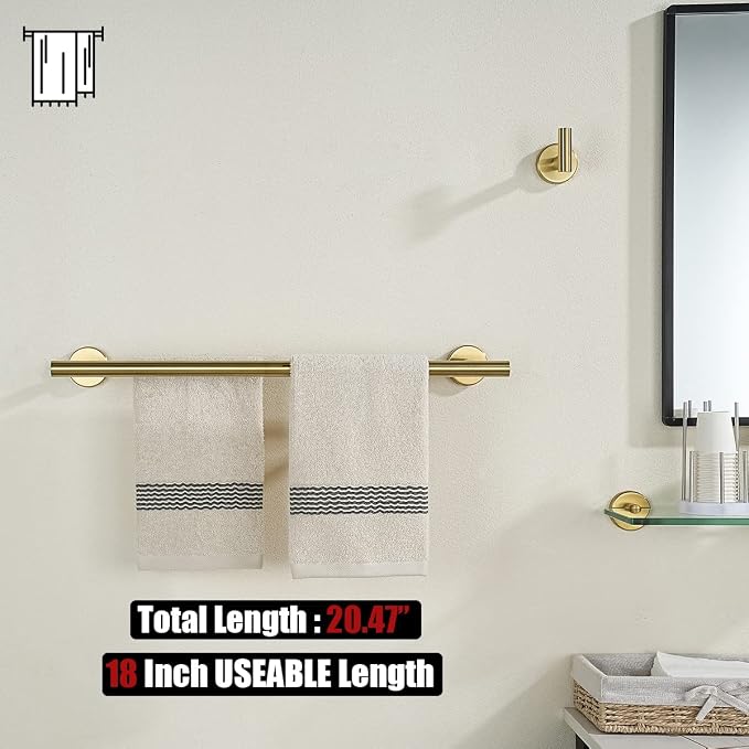JQK Double Towel Bar 20.5 Inch, Brushed Gold Useable 18 Inch 304 Stainless Steel Thicken 0.8mm Towel Rack Bathroom, Towel Holder Wall Mount, TB100L18-BG