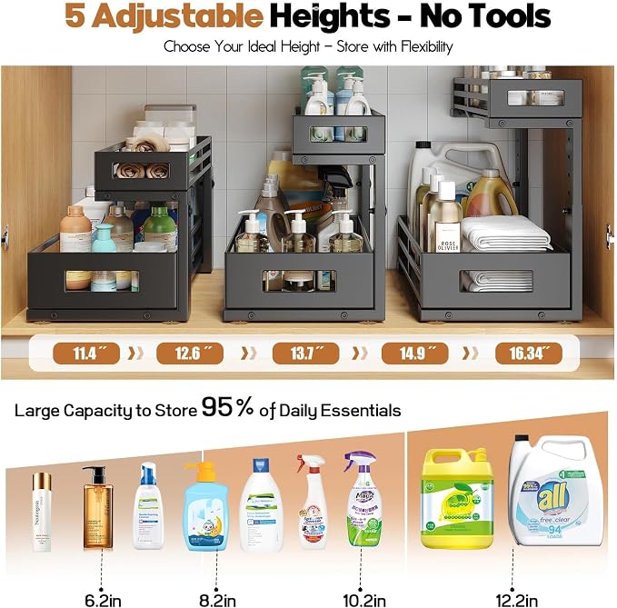 2-Pack Under Sink Organizer and Storage,2-Tier L Shape Pull Out Cabinet Organizer With Round Tube Slide Rails,Hight Adjustable Slide Out Drawers for Kitchen&Bathroom,Multi-Purpose Shelf-Black