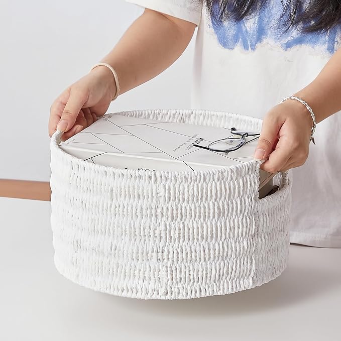 Wicker Storage Basket, Hand-Woven Paper Rope Large Round Woven Basket With Handles, Wicker Baskets for Organizing/Storage, White, 3-Pack