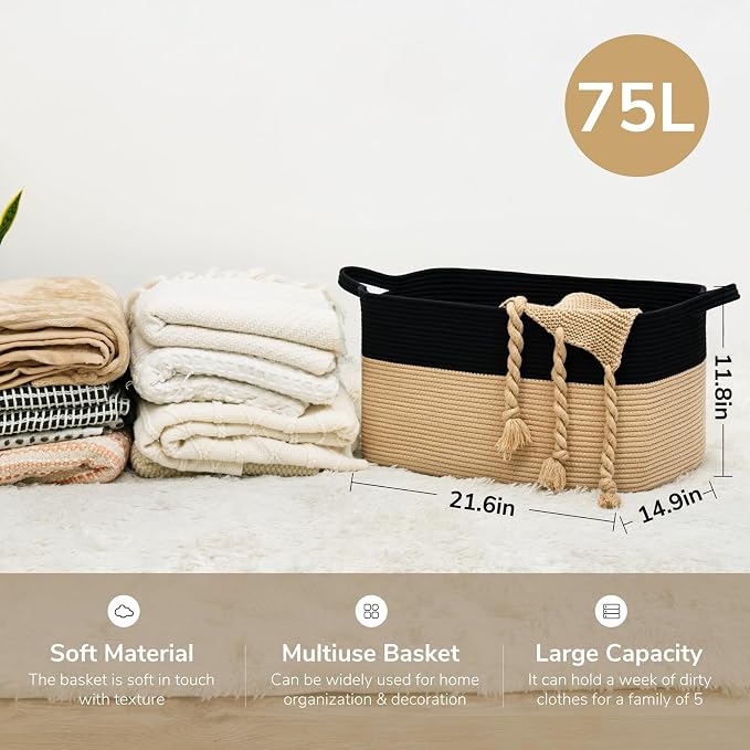Goodpick Large Wicker Blanket Basket, Rectangle Storage, Black & Camel | 21.6 x 14.9 x 11.8 in, Reinforced Handles, Living Room, Bedroom & Nursery Organization, Toys, Blankets & Clothes Storage
