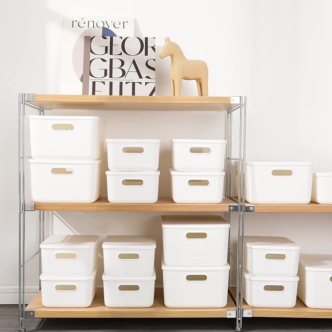 Yishyfier Plastic Storage Baskets Bins Boxes With Lids,Organizing Container White Storage Organizer Bins For Shelves Drawers Desktop Playroom Classroom Office,6-Pack(4M+2S)