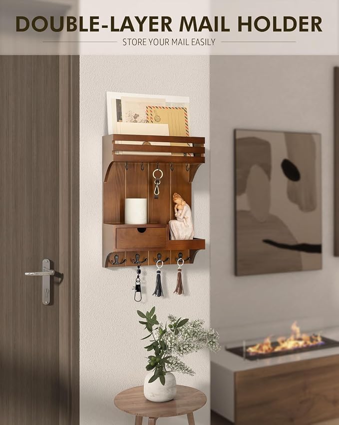 Rebee Vision Key Holder Wall Mount with Drawer Organizer for Entryway,Brown | Key Holder for Wall , 9 Sturdy Key Hooks, Floating Shelf, Plant Display, Drawer Organizer, Mail Sorter, Home Decor Storage