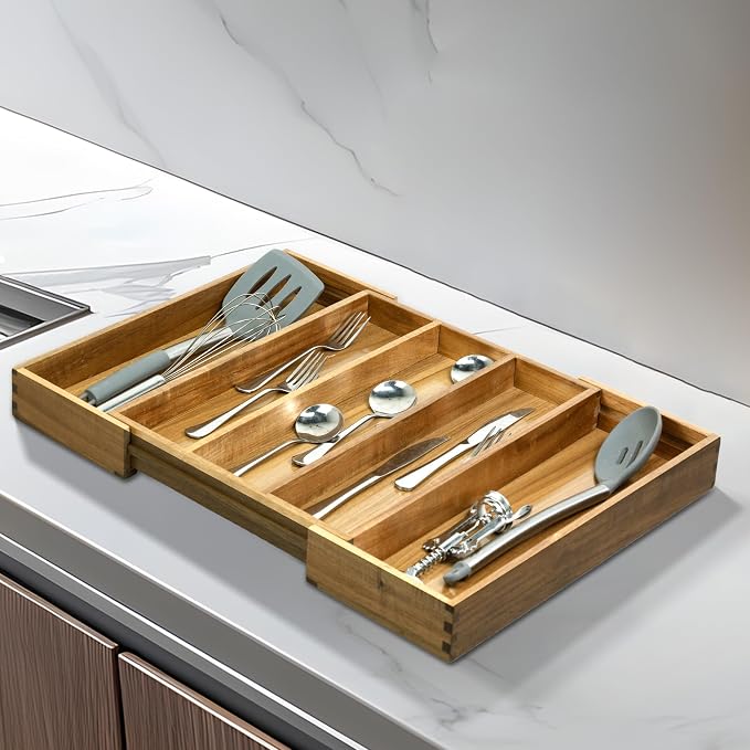 VaeFae Bamboo Drawer Organizer, Large, Acacia | Expandable Silverware Organizer, Kitchen Utensil Storage, Wooden Cutlery Tray with Dividers, Fork and Spoon Holder