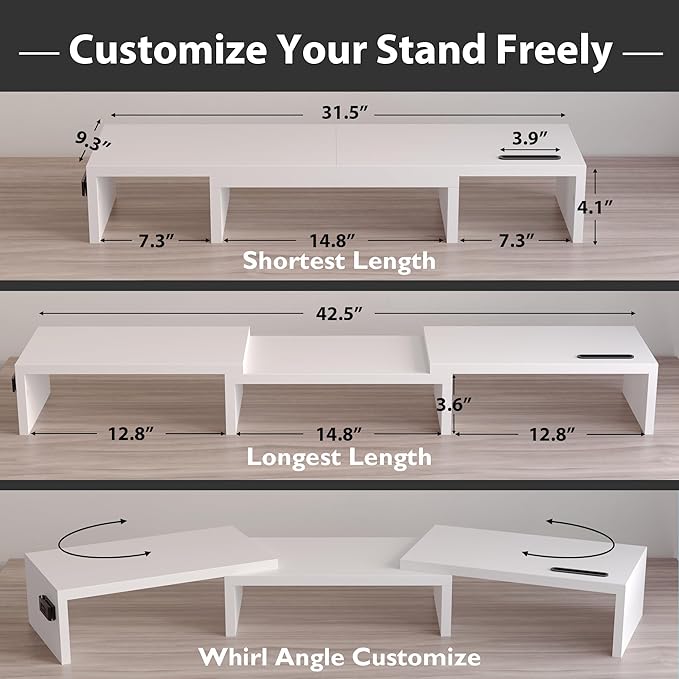 BONTEC Dual Monitor Stand Riser, Adjustable Length & Swivel Angle, White | Ergonomic Wooden Desktop Organizer with Smartphone Holder, Computer Monitor Stand for PC, Laptop, Printer and Large Storage