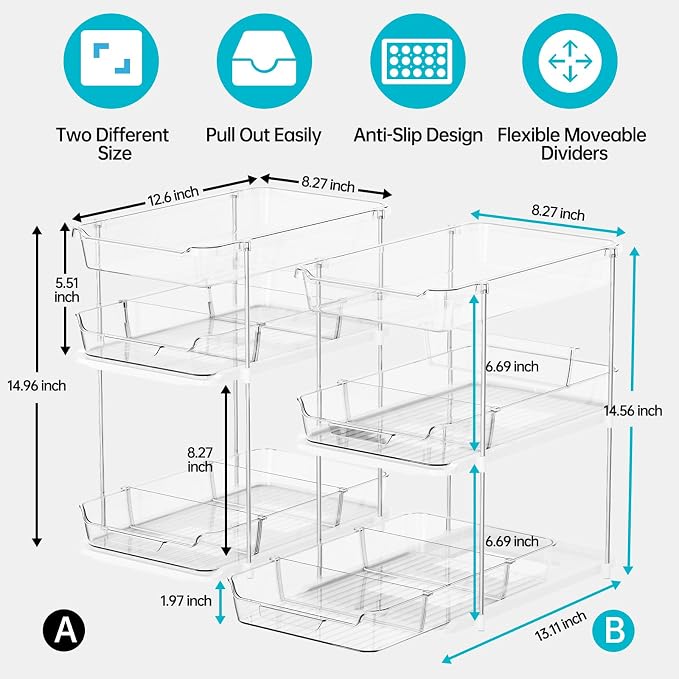 Delamu 2 Sets of 3-Tier Bathroom Under Sink Organizers and Storage, Multi-Purpose Stackable Pantry Organization and Storage, Pull Out Clear Kitchen Bathroom Cabinet Organizer with Movable Dividers | Storage