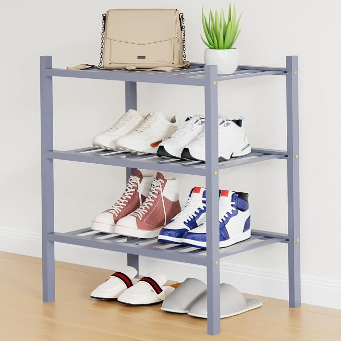 Smiry Bamboo Shoe Rack, 12 Vertical Slats, 3 Tier - 17.3" Wide, Grey | Stackable Free Standing Wooden Shoe Organizer, Wood Shoe Storage Shelf for Closet, Entryway