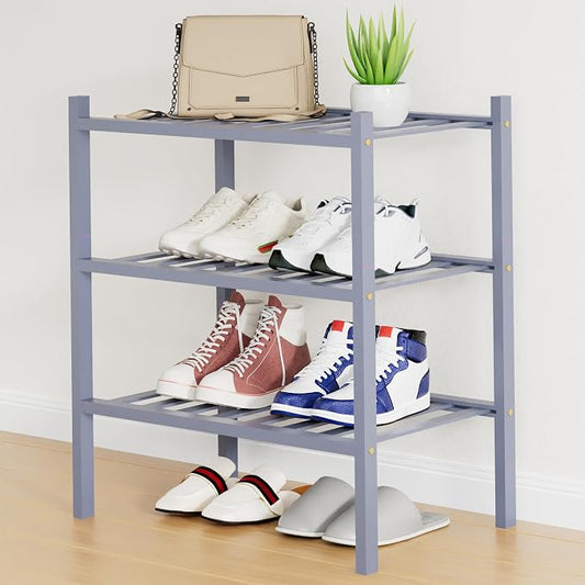Smiry Bamboo Shoe Rack, 12 Vertical Slats, 3 Tier - 17.3" Wide, Grey | Stackable Free Standing Wooden Shoe Organizer, Wood Shoe Storage Shelf for Closet, Entryway