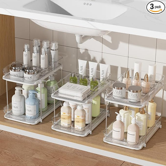 Delamu 3 Pack 2-Tier Bathroom Under Sink Organizers and Storage, Multi-Purpose Stackable Pantry Organization and Storage, Pull Out Clear Kitchen Bathroom Cabinet Organizer with Movable Dividers, White